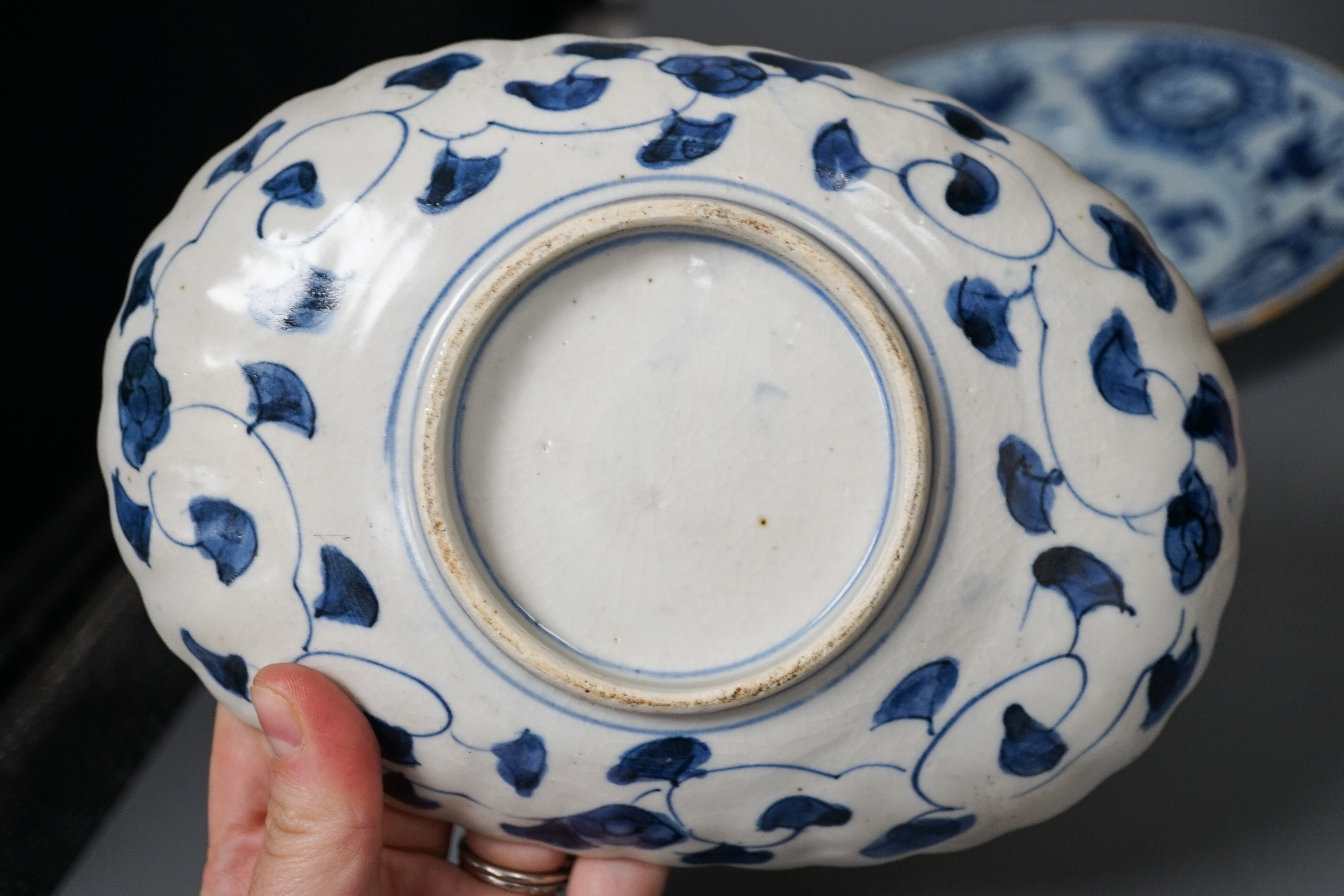 A Doulton slaters patent vase, height 40cm, two Imari dishes and an 18th century Delft blue and white plate